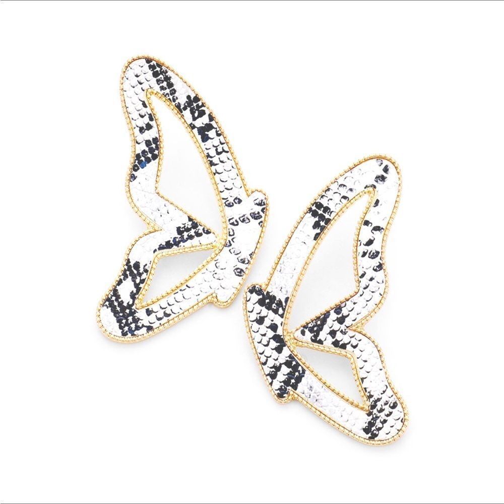 Black & White Vegan Leather Animal Print Butterfly Statement Earrings
